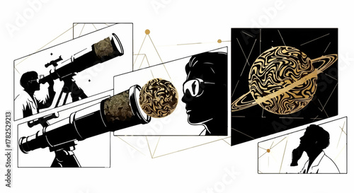 Scientist gazes through telescope at a stylized golden planet, exploring the cosmos and the universe.