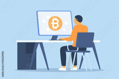 Man sitting at desk working on computer with bitcoin symbol and network nodes displayed on screen