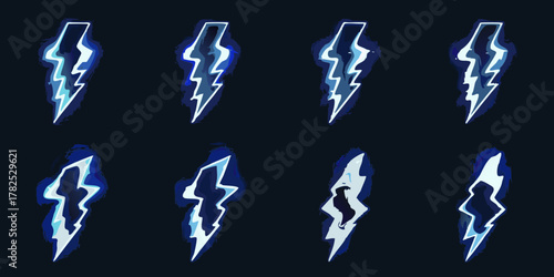 Collection of stylized blue lightning bolt icons with a dark background and glowing effect