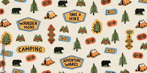 Whimsical hand drawn camping and hiking adventure pattern with bears and tents