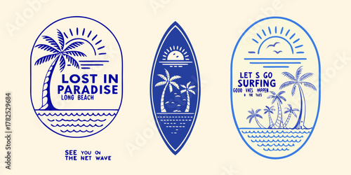 Retro surf inspired graphic designs with palm trees and ocean waves in blue line art style