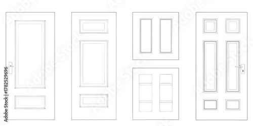 Collection of four different styles of panel doors illustrated as line drawings with handles and locks