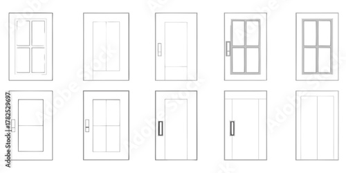 Collection of simple line art illustrations of various doors and windows with different designs and handles