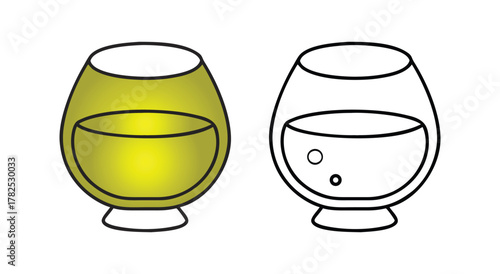 Two stylized glasses of liquid one filled with yellow liquid and the other a line drawing outline