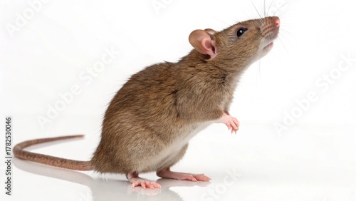 Photorealistic studio portrait of a Norway Rat (Rattus norvegicus) standing alertly on a clean white background.