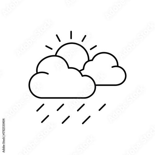 A line art weather icon depicting the sun behind clouds with raindrops falling