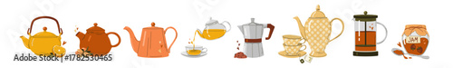 Cozy tea and coffee autumn vector set with teapot, coffeemakers and sweets