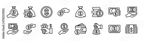 Money cash thin line icon set. Contains dollar coin, payment, savings, earning, income, purchase, wallet, loan, wages, revenue, budget, profit, fund, bag, bill, salary, banking, currency - vector