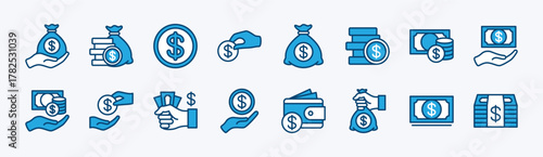 Set of money cash icon. Contains payment, purchase, dollar coin, savings, earning, income, wallet, loan, wages, revenue, budget, profit, fund, bag, bill, salary, banking, currency. Vector illustration