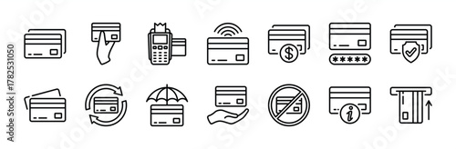Debit card icon set. Contains digital money payment, purchase, transaction, receipt, password, secure, insurance, information, cashless, cash, withdrawal, wireless, banking. Vector illustration