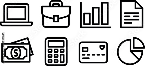 Financial planning and analysis with business tools icons set for modern investment strategies