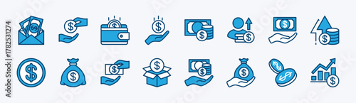 Set of salary icon. Contains increase income, earning chart growth up, savings, revenue, wages, wallet, budget, bonus, dollar coin, money bag, fund, fee, payment, billfold, profit. Vector illustration