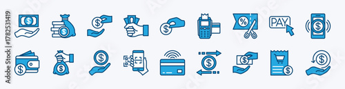 Set of payment transaction icon. Contains cash, bank transfer, change money, pay button, discount price, digital mobile method, QR code, receipt, credit card, transfer, wallet. Vector illustration