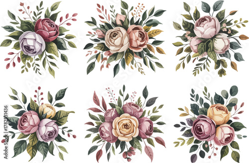Elegant floral bouquets for spring celebrations and wedding designs, watercolor style, perfect for invitations, cards, and sophisticated stationery projects