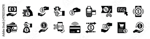 Payment transaction icon vector set. Contains cash, bank transfer, change money, pay button, discount price, digital mobile method, QR code, receipt, credit card, transfer, wallet. Illustration