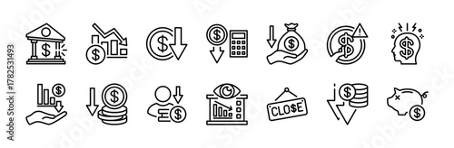 Bankrupt thin line icon set. Contains bank, bankruptcy, calculate loss, decline chart, dollar value down or falls, economic crisis, close, savings exhausted, depression, lost money, decrease. Vector