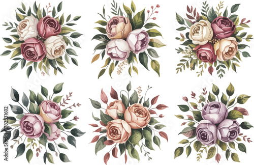 Elegant floral bouquet collection with vintage charm, perfect for wedding invitations, greeting cards, and romantic designs. Watercolor roses and greenery.