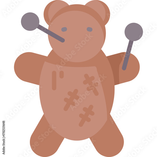 Creepy Voodoo Doll with Pins and Stitching on Wooden Table
