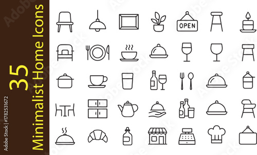 35 Minimalist Home and Restaurant Line Icons Set