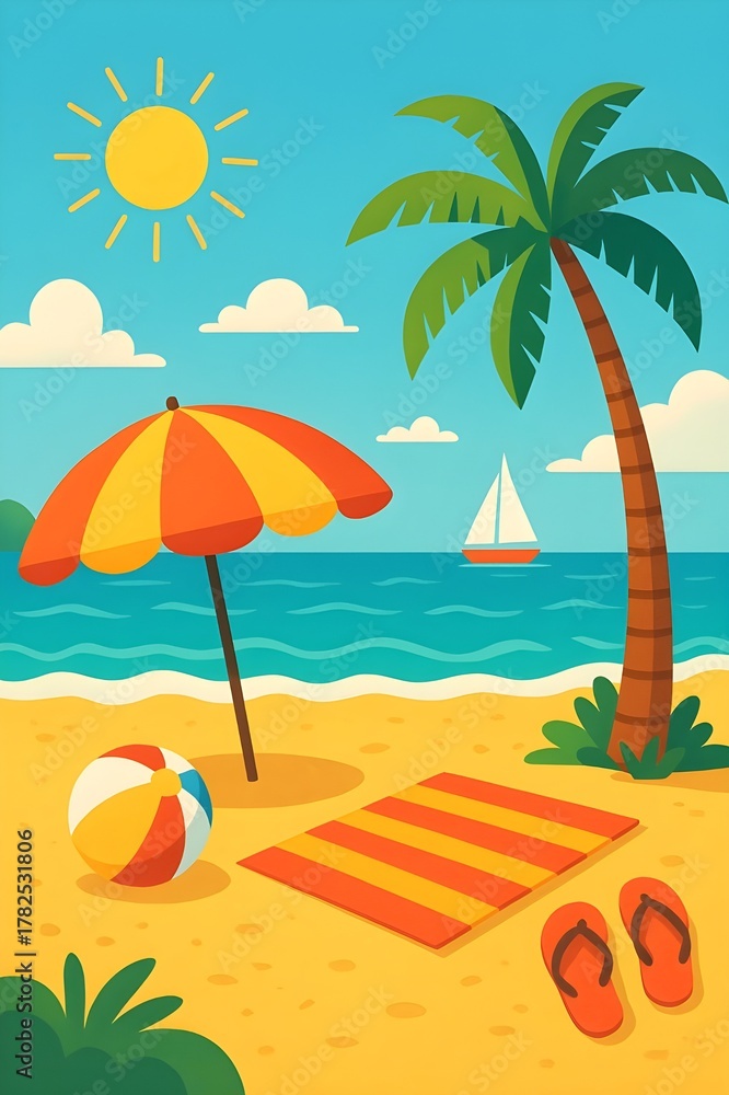 Obraz premium Sunny tropical beach with umbrella and palm tree