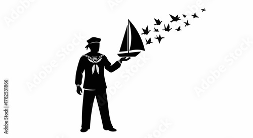 Sailor holding a sailboat that transforms into a flock of birds, symbolizing freedom and dreams.