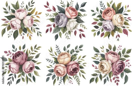 Romantic floral bouquets for wedding invitations, branding, or stationery design, featuring pastel roses and delicate foliage, ideal for spring projects.