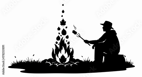 Silhouette of person roasting marshmallows over a campfire with autumn leaves rising from the flames.