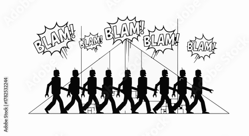 Silhouetted figures in a rhythmic march under a barrage of comic-style "BLAM!" sound effects.