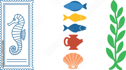 Marine life inspired designs featuring sea creatures and underwater plants for creative projects