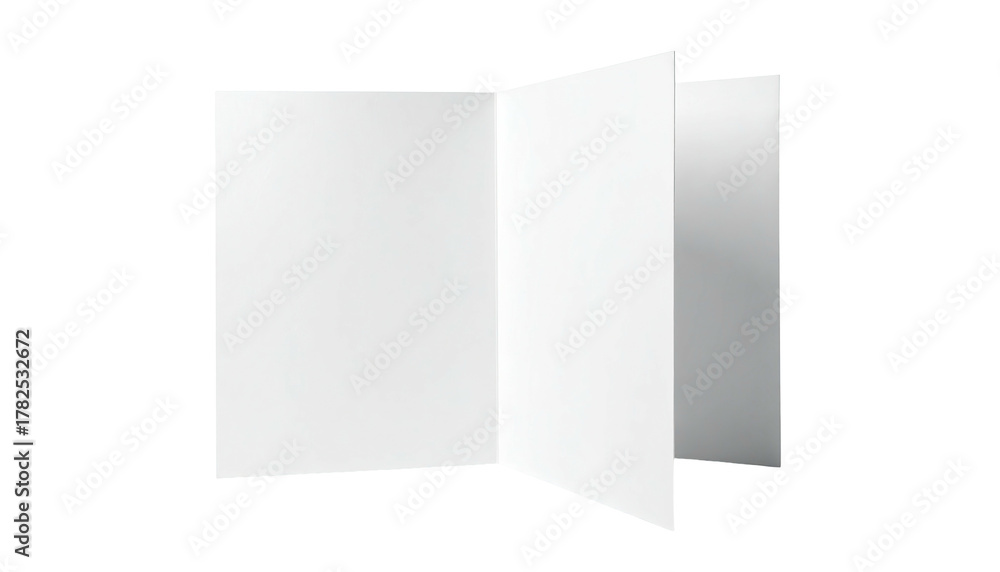 Naklejka premium A blank white, tri-fold brochure, isolated, casting soft shadows on a black backdrop