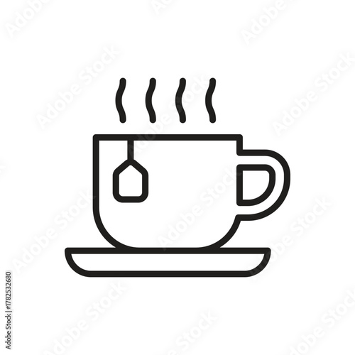 A line drawing of a teacup with a teabag steam and saucer