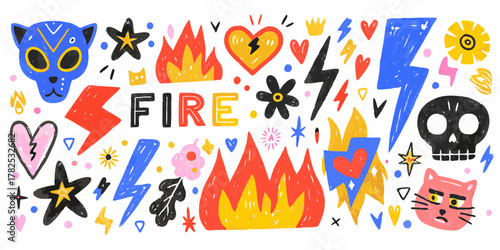 Vibrant hand drawn doodle elements featuring fire flames lightning bolts hearts skulls and animals
