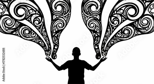 Silhouette of a person conjuring intricate swirling patterns from outstretched hands, symbolizing creativity and imagination.