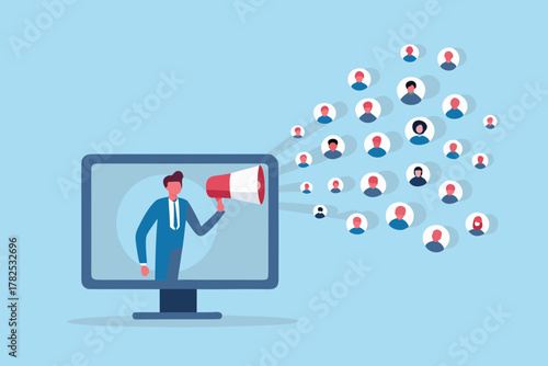 Businessman on computer screen holding megaphone broadcasting to a group of people icons