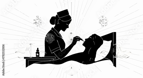 Caring nurse administers nasal spray to patient lying in bed, symbolizing healthcare and relief.