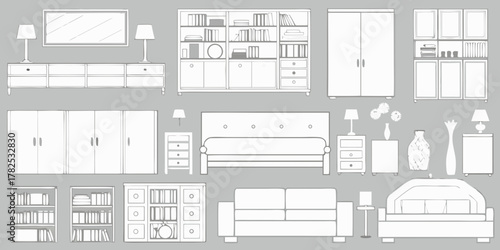 Collection of hand drawn white furniture and home decor items on a gray background