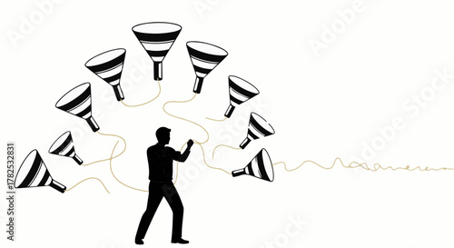 Man skillfully juggling multiple data funnels representing information management and analysis.
