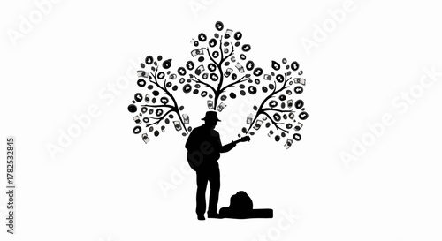 Musician silhouette plays guitar under a whimsical tree filled with musical notes.
