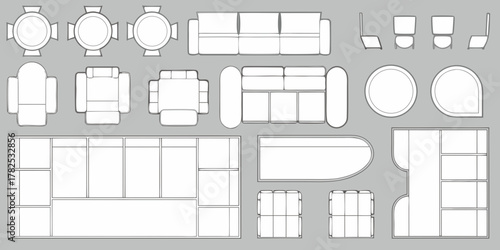 Top view furniture collection blueprint line art for interior design and space planning