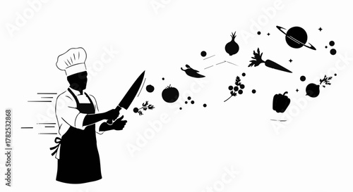Chef creating culinary magic with flying ingredients and planets