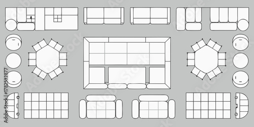 Top down view blueprint of various furniture arrangements including sofas dining tables and chairs