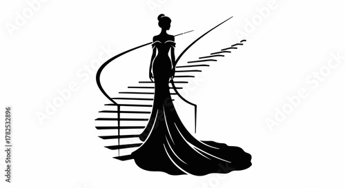 Elegant silhouette of a woman in a flowing gown descending a grand staircase.