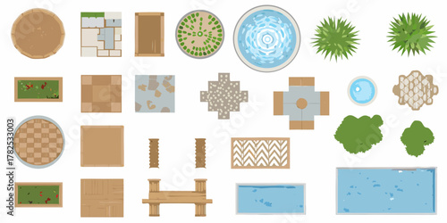 Collection of top down garden elements and landscaping features for outdoor design