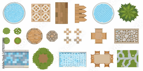 Top down view collection of outdoor elements for garden design and landscape planning