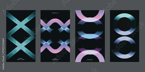 Abstract geometric shapes with watercolor textures on dark backgrounds