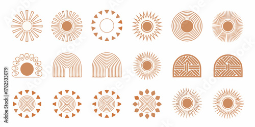 Collection of abstract boho sun and rainbow geometric shapes in terracotta color palette