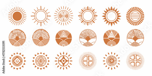Collection of diverse sun icons and symbols with geometric and abstract designs in earth tones