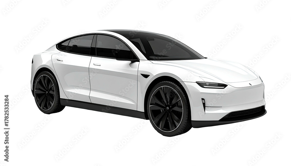 Fototapeta premium Sleek white electric sedan with black roof and wheels against a transparent background