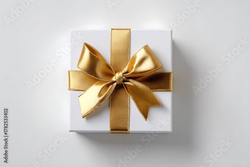 White gift box with golden ribbon isolated on white background, top view