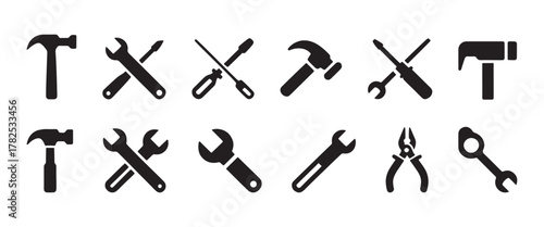 Tools and Service icons set. Wrench, screwdriver and gear icon. Screwdriver and wrench glyph icon. Settings and repair, service sign - stock vector illustration.